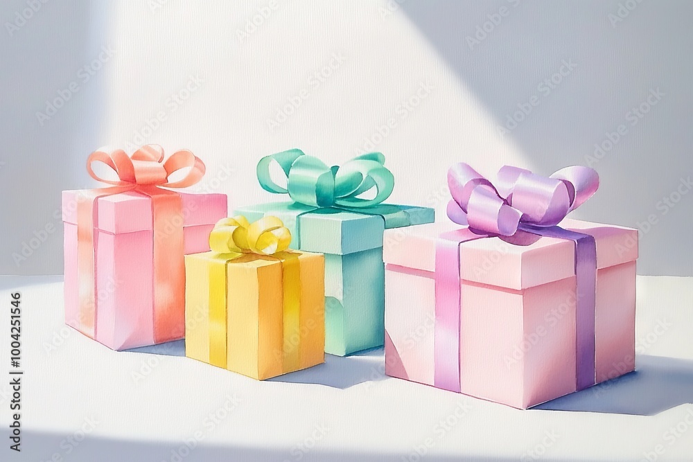 Obraz premium The watercolor painted Christmas gift boxes were generated using stock