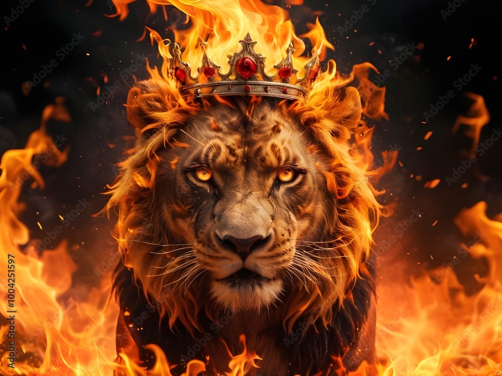 Naklejka premium A lion with a crown on his head with fire on a background