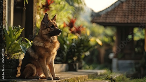 Anjing penjaga besar duduk di depan rumah. Dekat gambar anjing penjaga duduk di depan rumah dan latar belakang taman. Watchdog konsep. generative ai photo