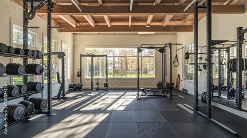 A bright and spacious gym with weights and racks, neatly arranged and ready for training