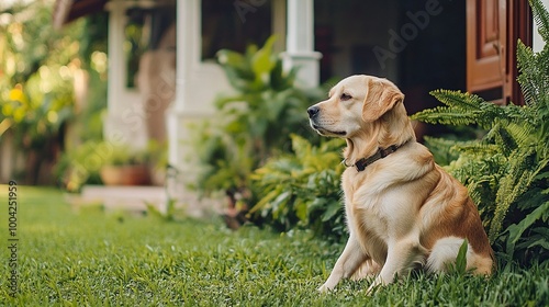 Anjing penjaga besar duduk di depan rumah. Dekat gambar anjing penjaga duduk di depan rumah dan latar belakang taman. Watchdog konsep. generative ai photo