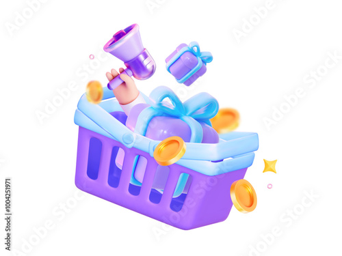 3D hand hold megaphone for the announcement of the sale. A gift in a basket with gold flying coins. For announcing big holiday discounts, flash sales concept. 