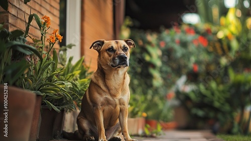 Anjing penjaga besar duduk di depan rumah. Dekat gambar anjing penjaga duduk di depan rumah dan latar belakang taman. Watchdog konsep. generative ai photo