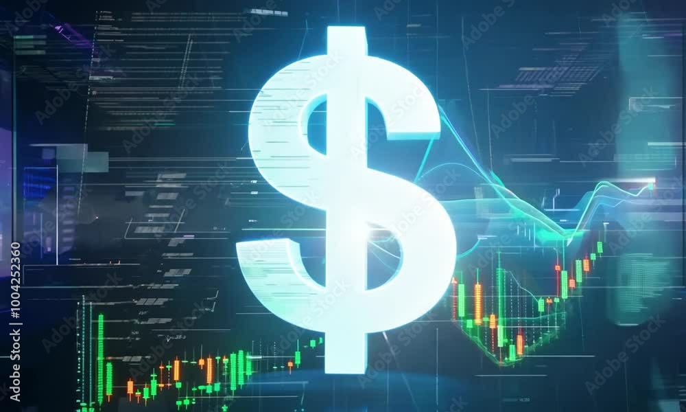 Glowing blue dollar sign in a futuristic digital environment with neon lights and data elements