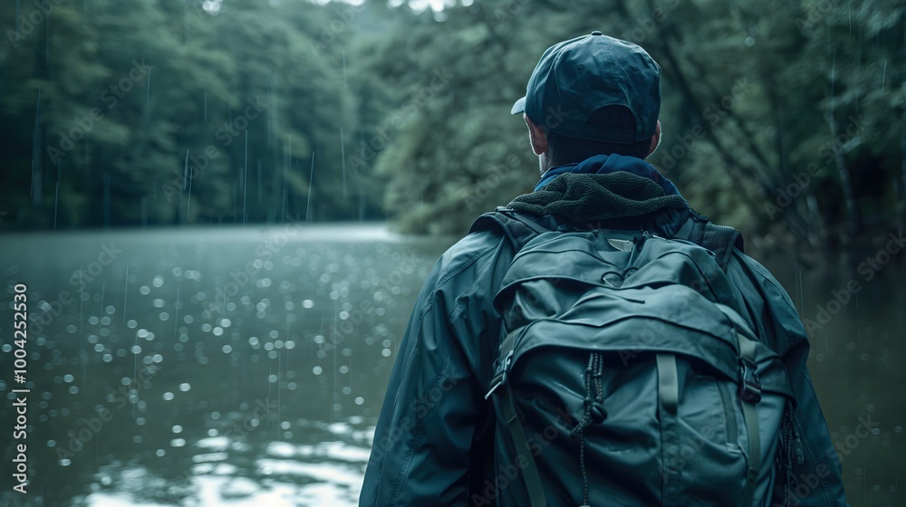 Hiker in rainy forest. Wet weather trekking experience Hiker in rainy forest. Wet weather trekking experience