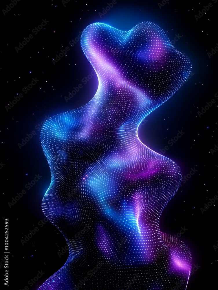 Abstract 3D rendering of a wavy, colorful shape with vibrant hues against a dark background. A minimalist poster in metallic and chrome gradient style. Abstract 3D rendering of a wavy, colorful shape with vibrant hues against a dark background. A minimalist poster in metallic and chrome gradient style.