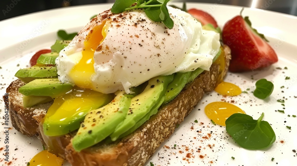 Healthy Avocado Toast with Poached Egg on a Rustic Plate Healthy Avocado Toast with Poached Egg on a Rustic Plate