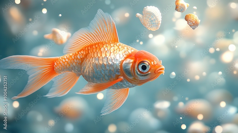 A vibrant goldfish swimming among seashells in a serene underwater scene. A vibrant goldfish swimming among seashells in a serene underwater scene.