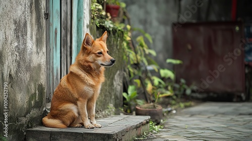 Anjing penjaga besar duduk di depan rumah. Dekat gambar anjing penjaga duduk di depan rumah dan latar belakang taman. Watchdog konsep. generative ai photo