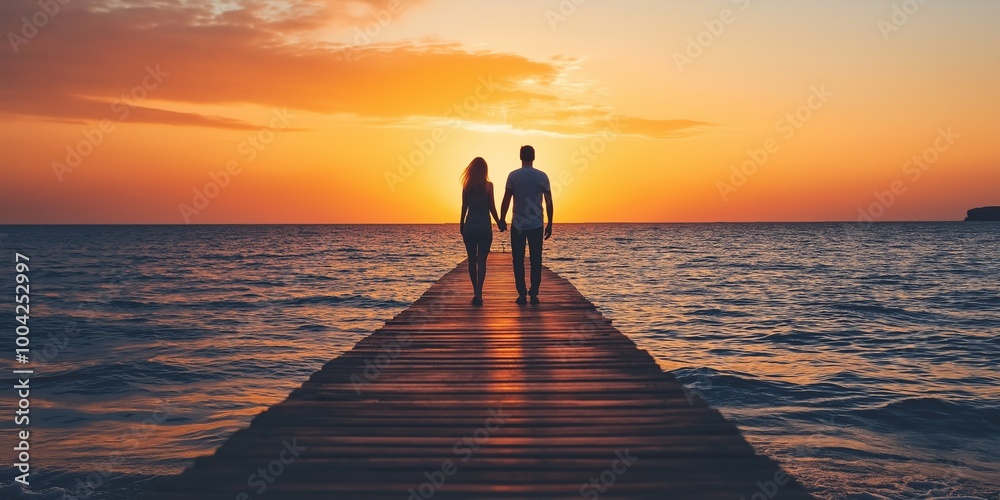 A couple walks hand in hand along a wooden pier at sunset, merging into the serene horizon of the open sea. A couple walks hand in hand along a wooden pier at sunset, merging into the serene horizon of the open sea.