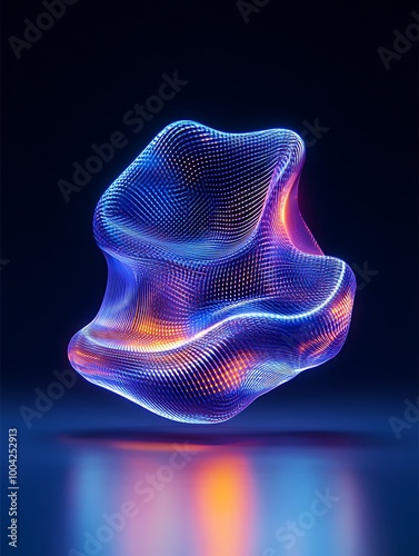 Abstract 3D shape with colorful glowing mesh details, showcasing a futuristic design on a dark background. A minimalist poster in metallic and chrome gradient style.