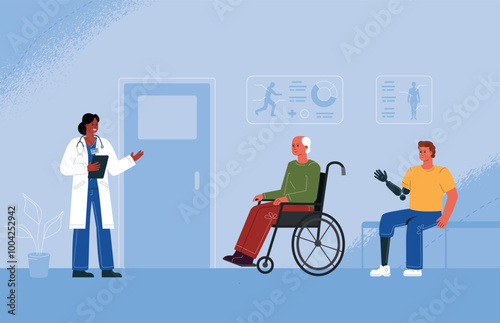 Disabled patients are waiting for a doctor's appointment.