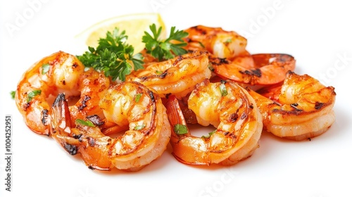 A group of freshly grilled shrimp against a pure white background, emphasizing the vivid red-orange tones.