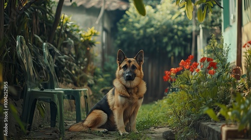 Anjing penjaga besar duduk di depan rumah. Dekat gambar anjing penjaga duduk di depan rumah dan latar belakang taman. Watchdog konsep. generative ai photo