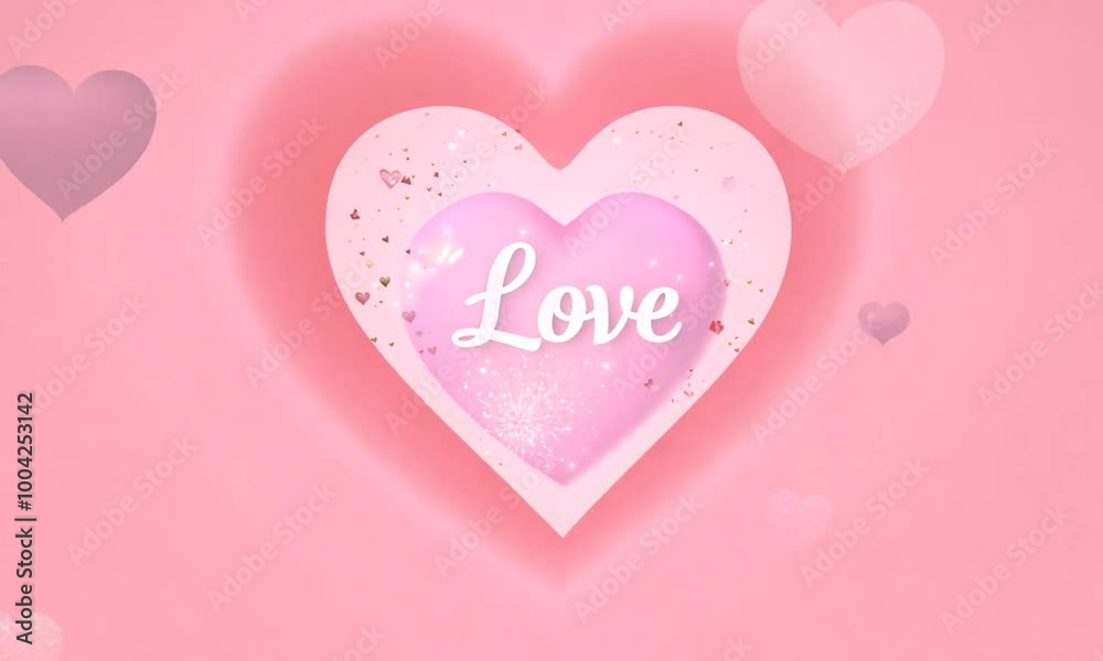 Soft pink heart with Love text surrounded by floating hearts creating a romantic and dreamy atmosphere Soft pink heart with Love text surrounded by floating hearts creating a romantic and dreamy atmosphere