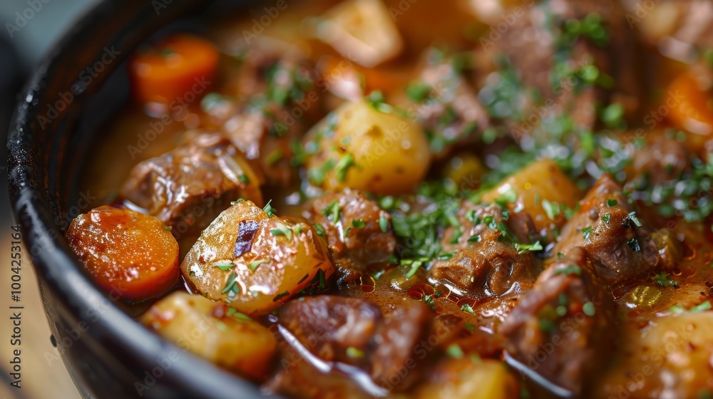 Hearty Beef and Vegetable Stew in Cast Iron Pot on Rustic Table Hearty Beef and Vegetable Stew in Cast Iron Pot on Rustic Table