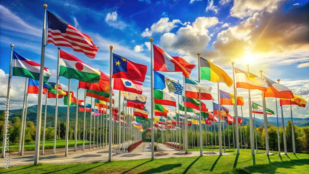 Colorful Display of Various Country Flags Representing Global Unity and Cultural Diversity in Nature Colorful Display of Various Country Flags Representing Global Unity and Cultural Diversity in Nature