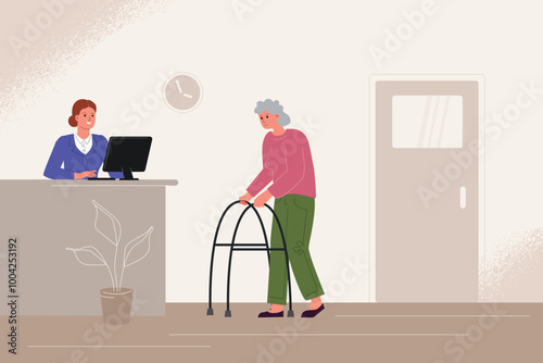 An elderly disabled woman on a walker communicates with the administrator at the reception in a nursing home