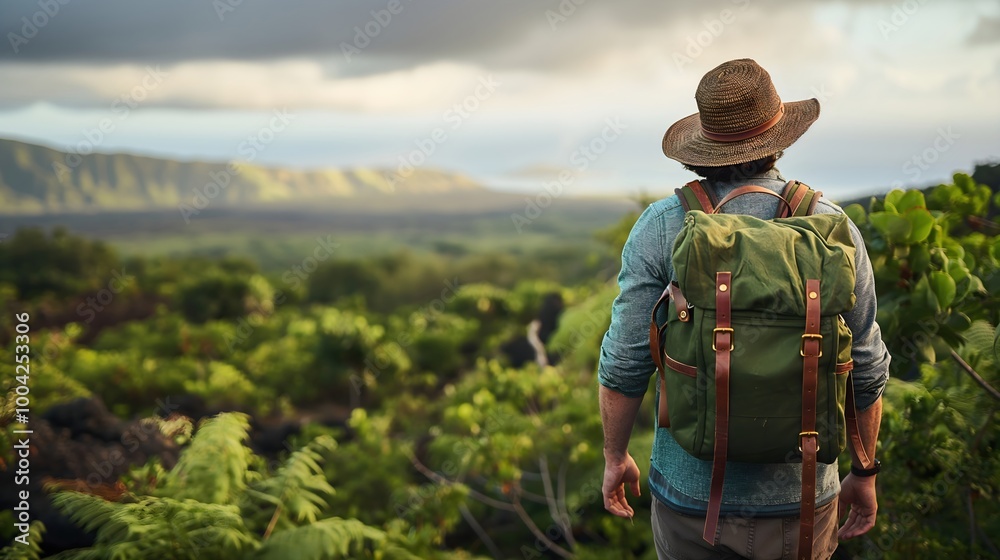 Hiker overlooking tropical forest. Island adventure exploration Hiker overlooking tropical forest. Island adventure exploration