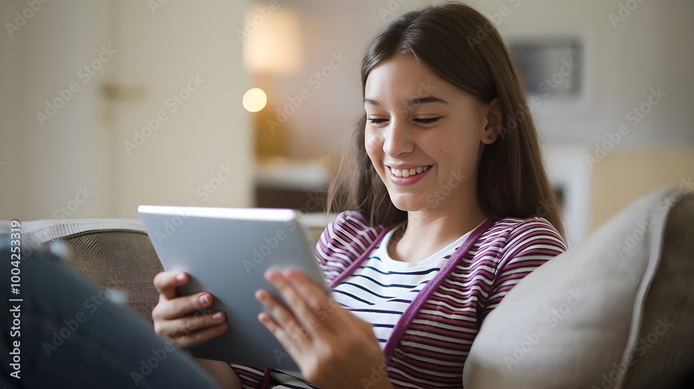 Happy teen girl holding pad computer gadget using digital tablet technology sitting on the couch at home. Smiling young woman using apps, shopping online, reading news, browsing internet on sofa Happy teen girl holding pad computer gadget using digital tablet technology sitting on the couch at home. Smiling young woman using apps, shopping online, reading news, browsing internet on sofa