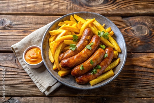 Panoramic view of curry sausage with fries on wooden table