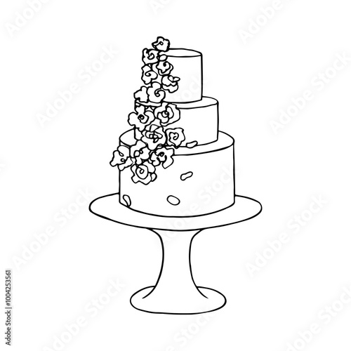Triple layer wedding cake decorated with flowers on a high stand - hand drawn outline sketch