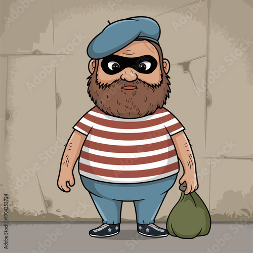 Cartoonish thief wearing a striped shirt.