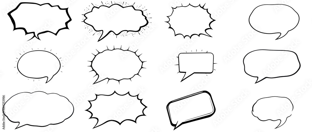 Fototapeta premium Collection of dynamic comic-style speech bubbles, isolated on transparent background, Generative AI
