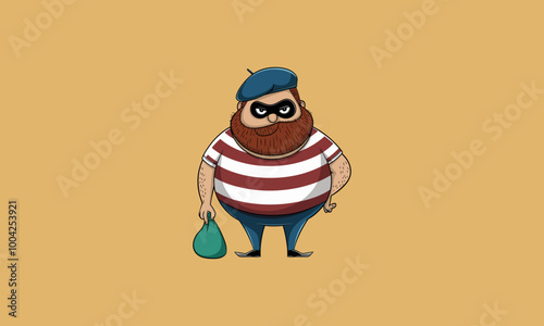 Cartoonish thief wearing a striped shirt.