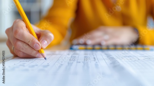 Close-up of a hand holding a pencil, writing on a sheet with numbers while using a calculator, representing accounting, finance, or data entry tasks.