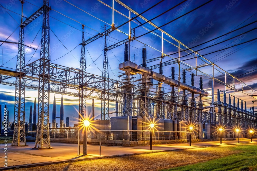Panoramic view of illuminated electrical power substation at night Panoramic view of illuminated electrical power substation at night