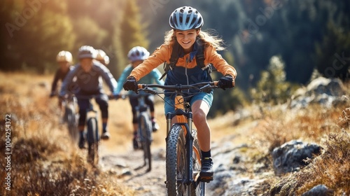 A girl is riding a bike with her friends