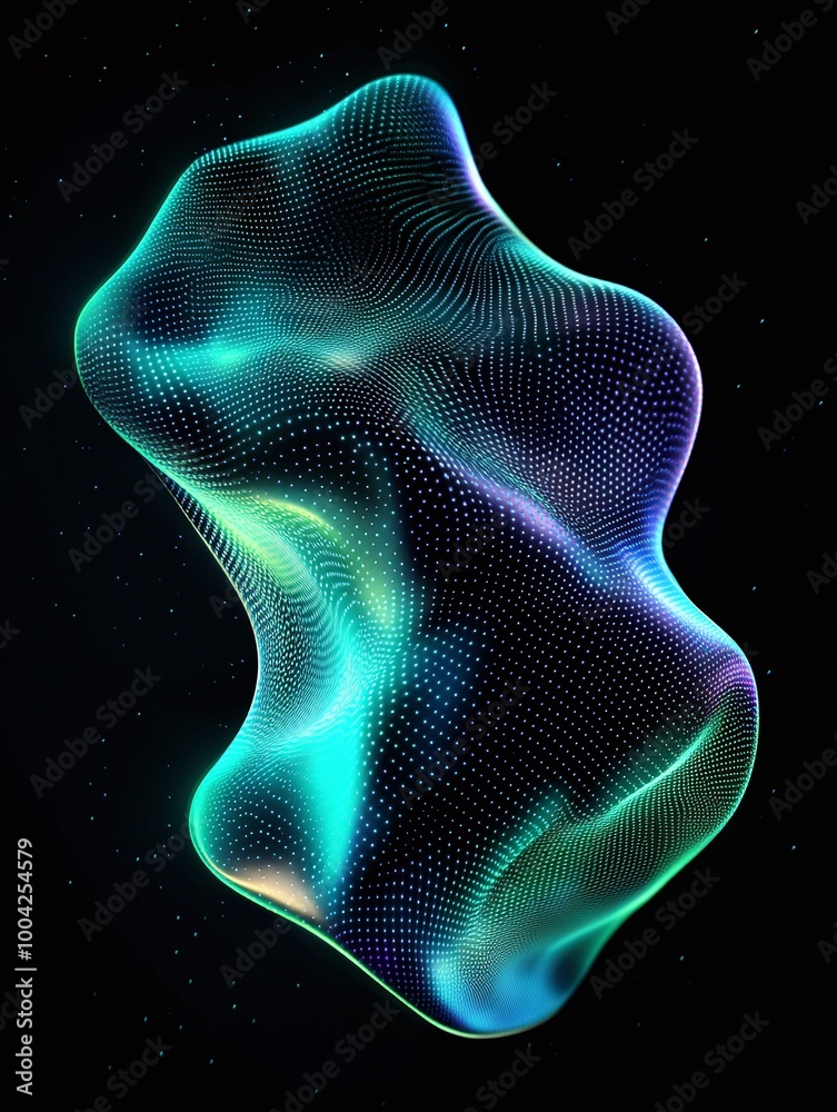 Abstract 3D shape with vibrant colors and wave-like patterns on a dark background. A minimalist poster in metallic and chrome gradient style. Abstract 3D shape with vibrant colors and wave-like patterns on a dark background. A minimalist poster in metallic and chrome gradient style.