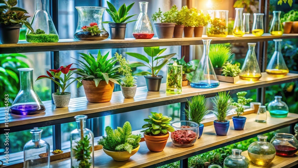 Colorful Plants in Scientific Glassware on a Shelf Creating a Lively Botanical Display for Science Colorful Plants in Scientific Glassware on a Shelf Creating a Lively Botanical Display for Science