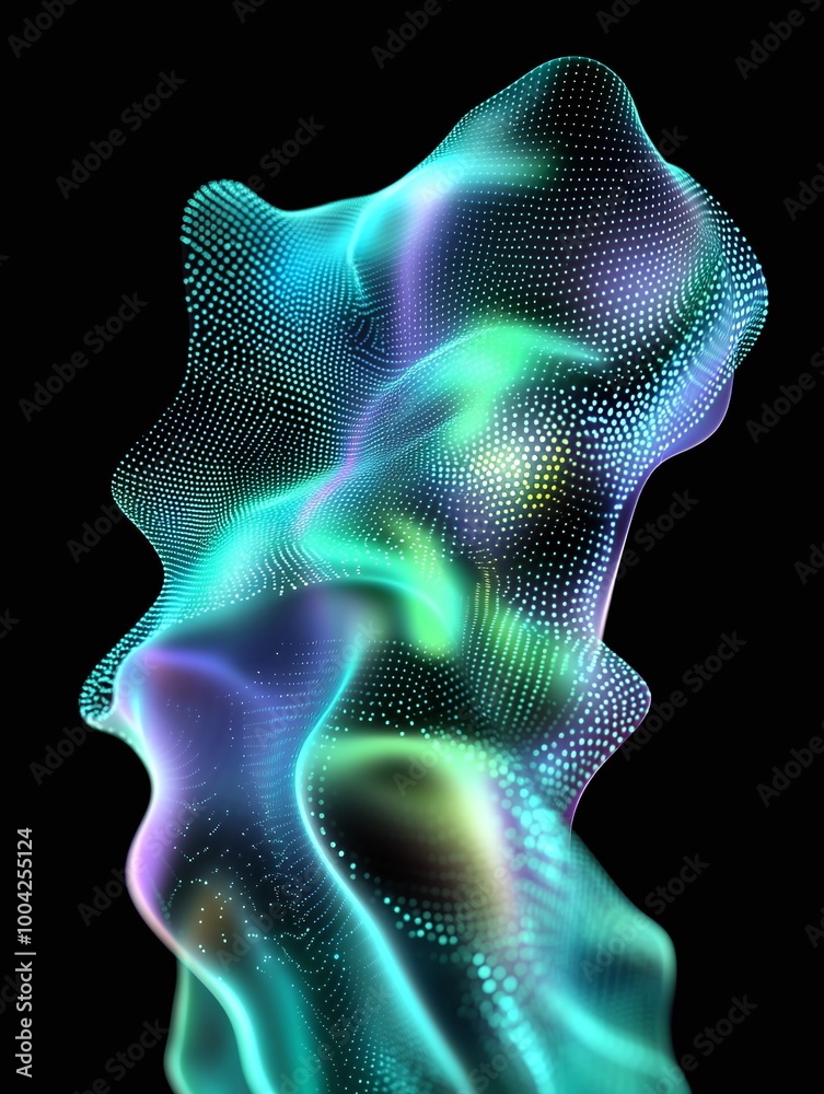 Abstract 3D wave design with colorful lights against a dark backdrop. A minimalist poster in metallic and chrome gradient style. Abstract 3D wave design with colorful lights against a dark backdrop. A minimalist poster in metallic and chrome gradient style.
