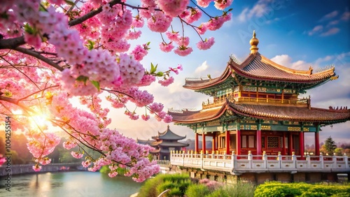 Panoramic view of red cherry blossoms and a Chinese temple against a blue sky