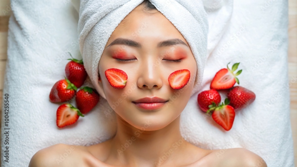 oung Woman Enjoying Soothing Strawberry Facial Treatment in a Serene Spa Setting oung Woman Enjoying Soothing Strawberry Facial Treatment in a Serene Spa Setting