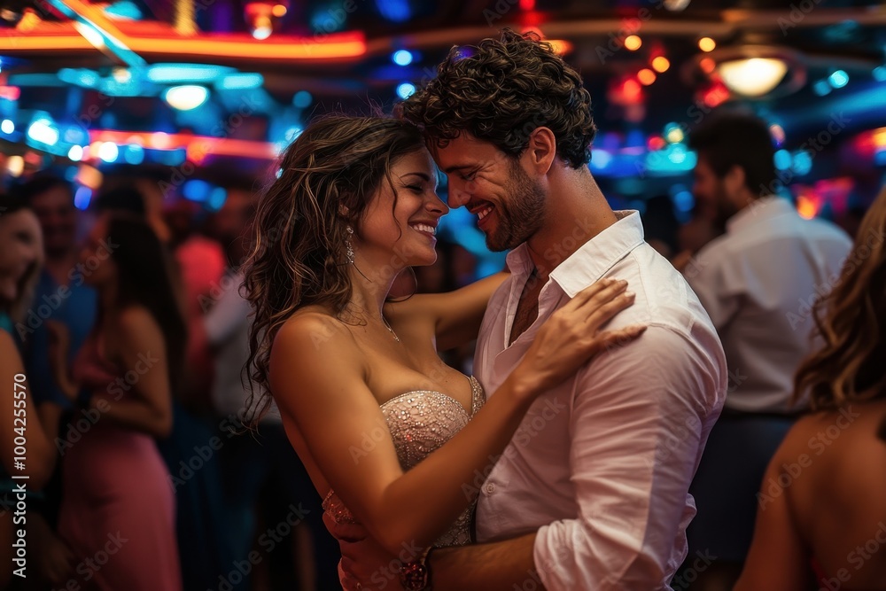A smiling couple shares a warm dance in a vivid, pulsating environment filled with excitement and affection, highlighting their joyful and romantic connection. A smiling couple shares a warm dance in a vivid, pulsating environment filled with excitement and affection, highlighting their joyful and romantic connection.