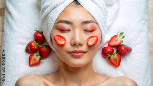 oung Woman Enjoying Soothing Strawberry Facial Treatment in a Serene Spa Setting