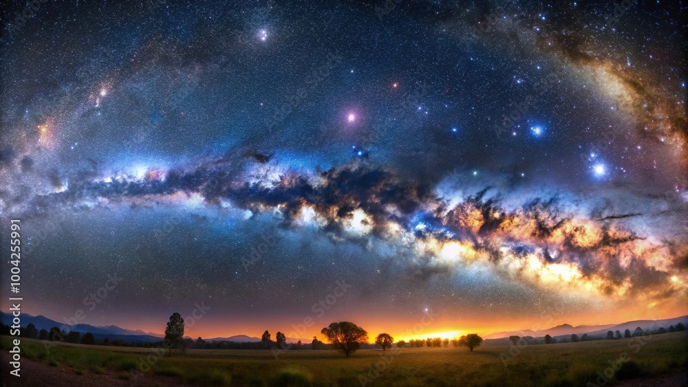 Panoramic view of the Cygnus Nebula and Milky Way galaxy in the night ...