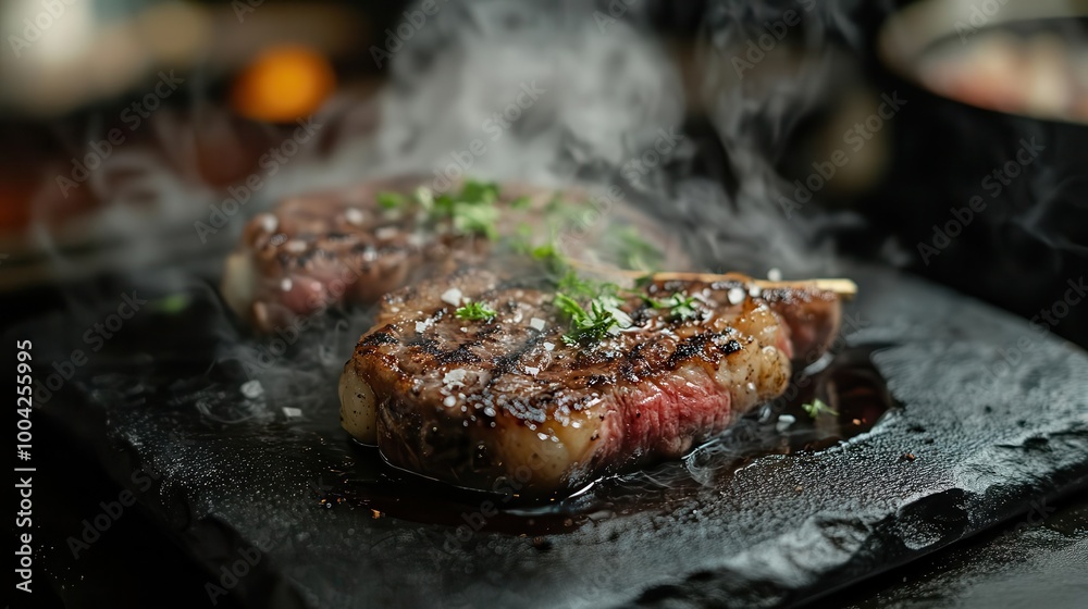 sizzling steak on dramatic black stone, artful smoke tendrils, glistening sauce rivers, moody culinary perfection sizzling steak on dramatic black stone, artful smoke tendrils, glistening sauce rivers, moody culinary perfection