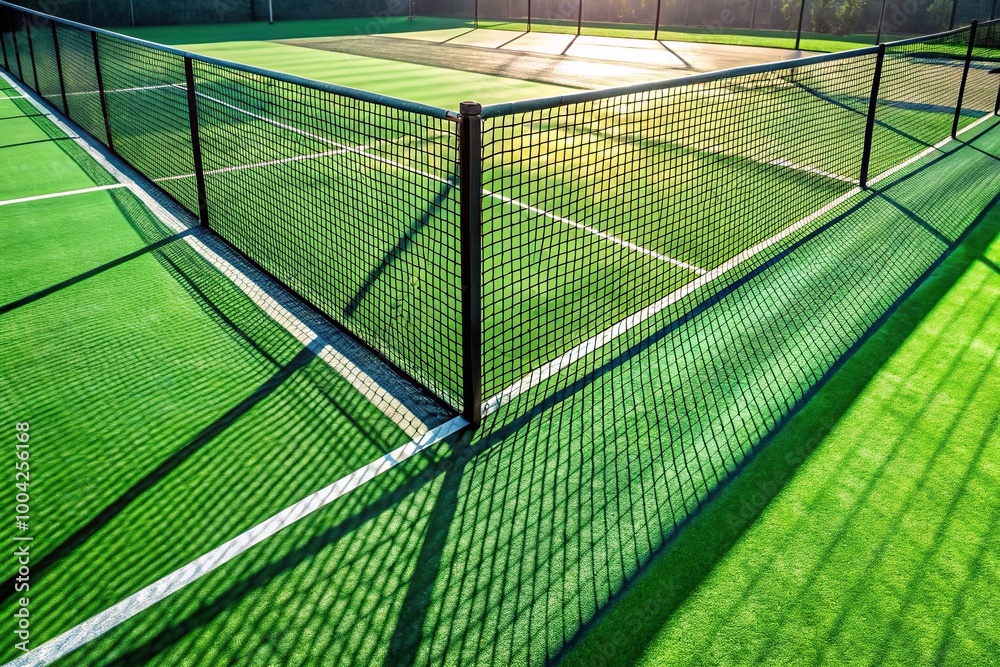 panoramic view of tennis or padel net and shadows on green court panoramic view of tennis or padel net and shadows on green court