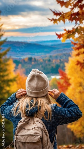 Blond woman hiker looking at autumn foliage with backpack, standing in the foreground, with her back to the camera, admiring a scenic autumn view, adjust her beanie enjoys a beautiful autumn panorama