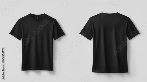 sleek black t-shirt suspended in white space. front and back views showcase clean lines and perfect symmetry. subtle fabric texture visible. minimalist product photography with sharp shadows.