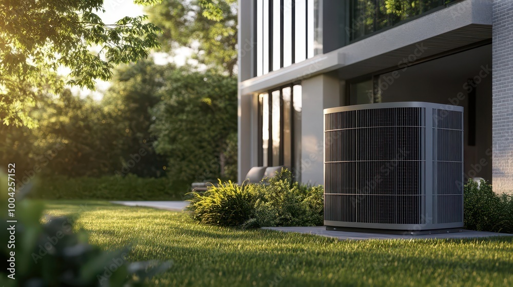 sleek heat pump unit nestled against a contemporary home's exterior, surrounded by lush landscaping and bathed in soft afternoon light sleek heat pump unit nestled against a contemporary home's exterior, surrounded by lush landscaping and bathed in soft afternoon light