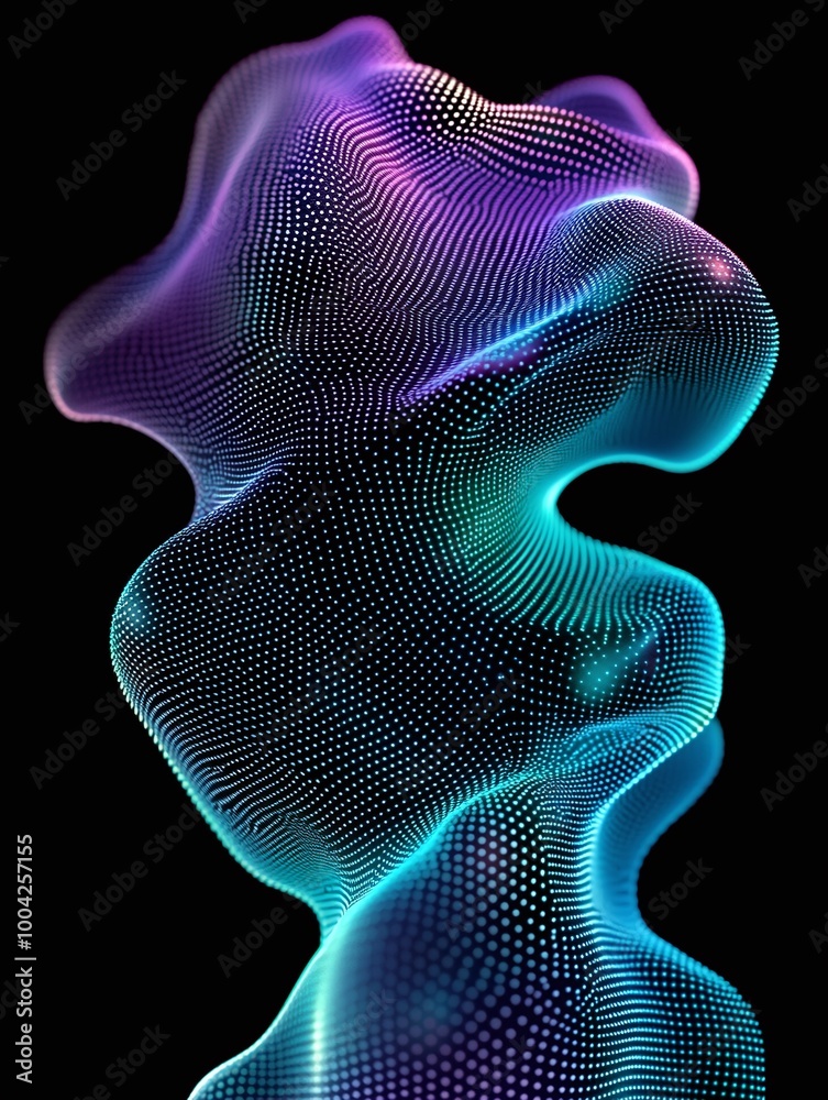 Abstract colorful digital art with fluid lines and glowing dots on a black background. A minimalist poster in metallic and chrome gradient style. Abstract colorful digital art with fluid lines and glowing dots on a black background. A minimalist poster in metallic and chrome gradient style.