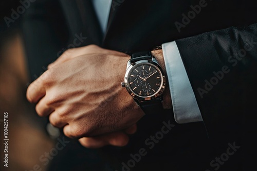 Close up of a Man Wearing a Black suite with decent watch in hand | Business man .generative ai photo