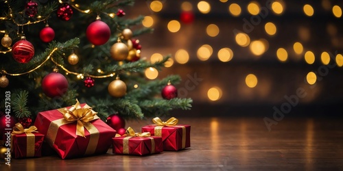 Christmas tree with presents - red and gold decorations and wrapped gifts, laying on a warm wooden floor in a cozy holiday setting 