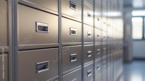 sleek metallic file cabinet, rows of labeled drawers, organized office aesthetic, subtle reflections, clean lines