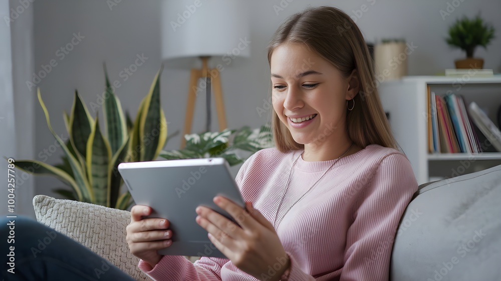 Happy teen girl holding pad computer gadget using digital tablet technology sitting on the couch at home. Smiling young woman using apps, shopping online, reading news, browsing internet on sofa Happy teen girl holding pad computer gadget using digital tablet technology sitting on the couch at home. Smiling young woman using apps, shopping online, reading news, browsing internet on sofa
